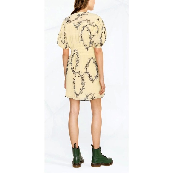 Ganni Womens Floral Print Pleated Georgette Mini Dress Pale Yellow Black Smocked - Picture 5 of 16